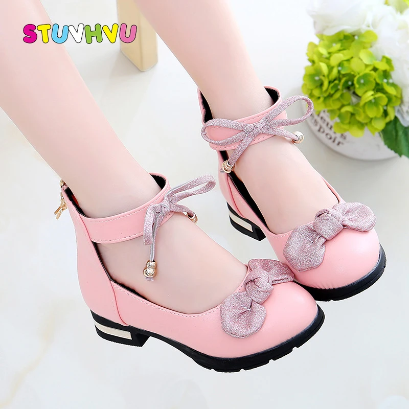 Children's Girls Shoes Leather Princess Spring and Autumn New Black Red Pink Kids High Heels Fashion Bow Little Girl |