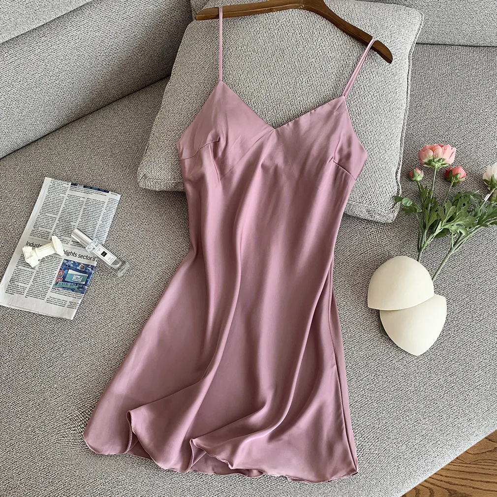 

Satin Home Dressing Gown Loose Thin Summer Intimate Lingerie 2021 Sexy Nightgown Women's Silky V-neck Suspender Sleep Dress
