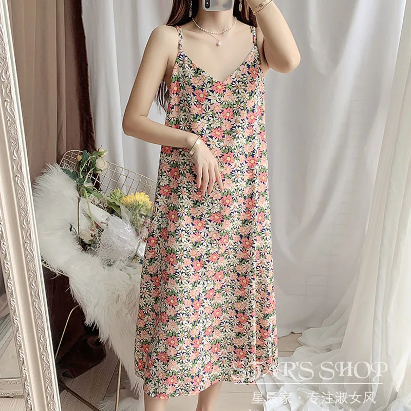 

Korean New 2021 Summer Female Two-Piece Outfit Casual Dress Long Sleeve Chiffon Spaghetti-Strap Floral Print Sweet Sexy Dresses