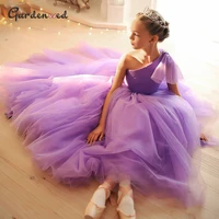 purple kids flower girl dresses tulle puffy first communion dress one shoulder princess dress bow knot girl child birthday gown