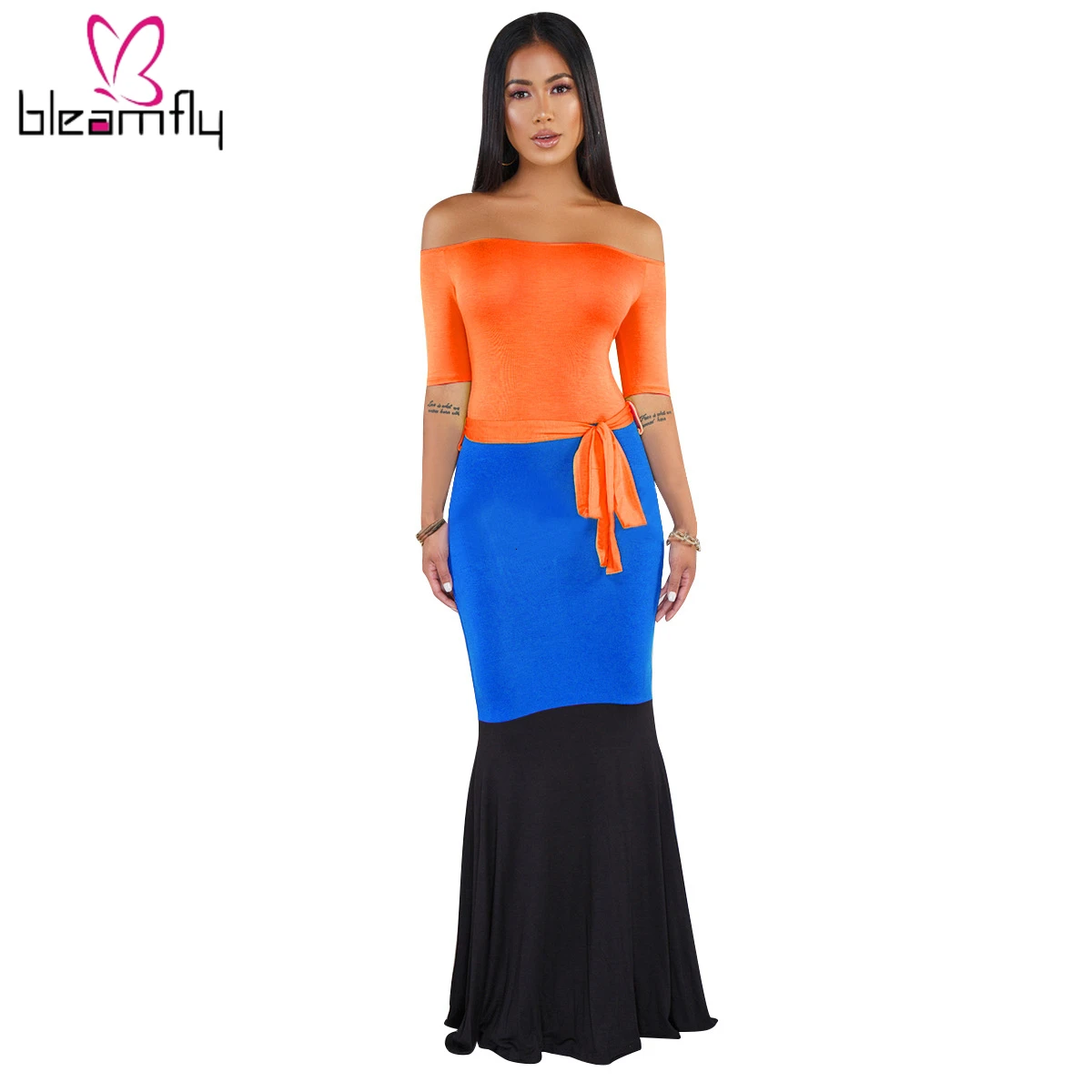 2019 Женское Платье макси с открытыми плечами и вырезом лодочкой рукавом средней