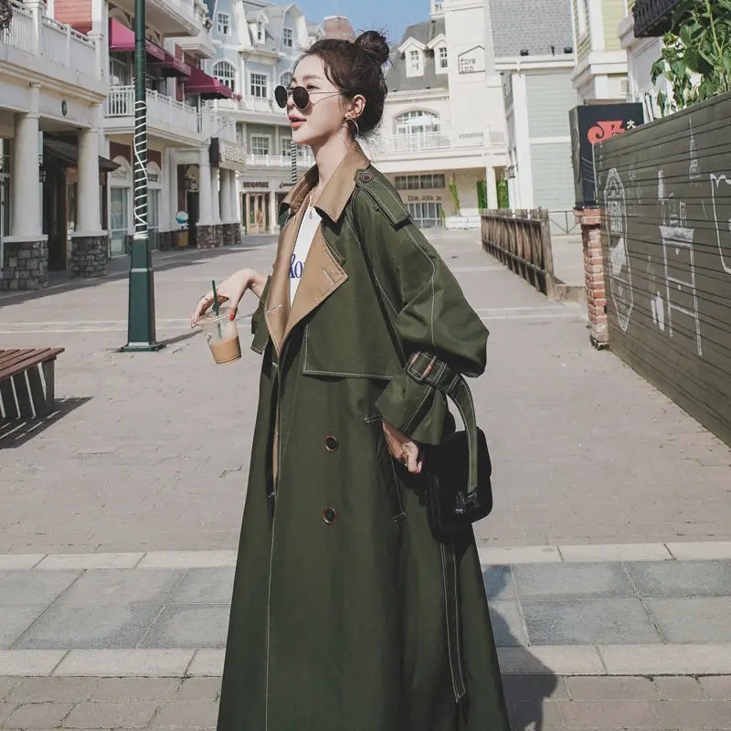 

2021Temperament Suit Collar Fashion Double Breasted Long Trench Coat Femme Patchwork Bandage Windbreaker Women Outerwear y1245