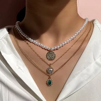 layered gold color round coin pearl beaded necklace for women green crystal flower heart pendant necklace set party jewelry gift