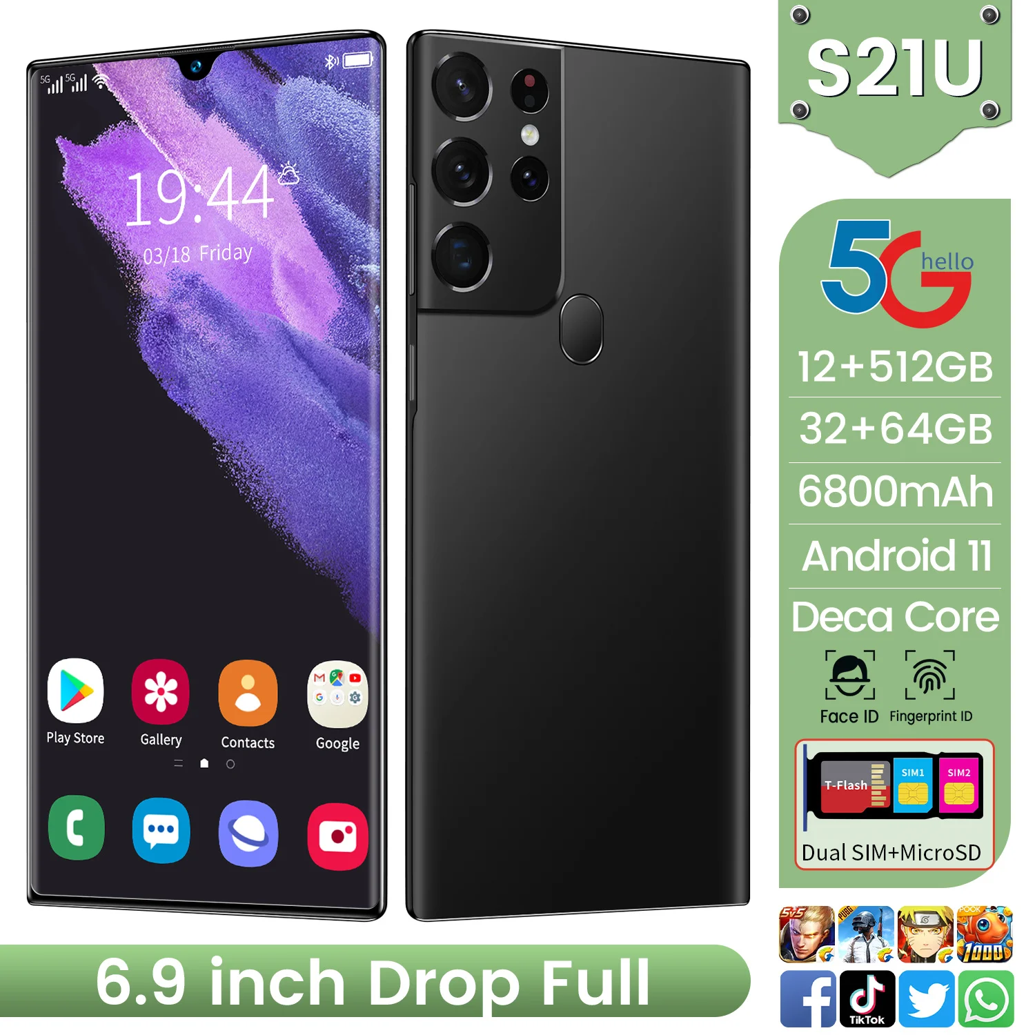 

Hot Sale S21U Global Version Samsug 16GB 512GB 6.9Inch Smartphone 6800mAh Full Screen Deca Core 4G LTE 5G Network Mobile Phone