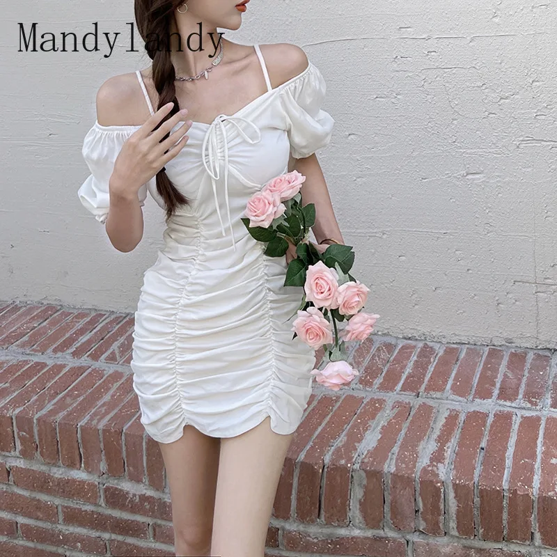

Женское Элегантное летнее облегающее платье Mandylandy, женское сексуальное короткое платье-карандаш с пышными рукавами, V-образным вырезом и рю...