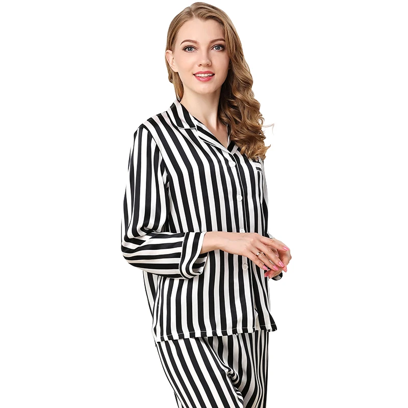 Maison Gabrielle Spring Summer 100% Mulberry Silk 22 Momme Classic Pajamas Set Loungewear For Women Pinstriped 2-Piece Long