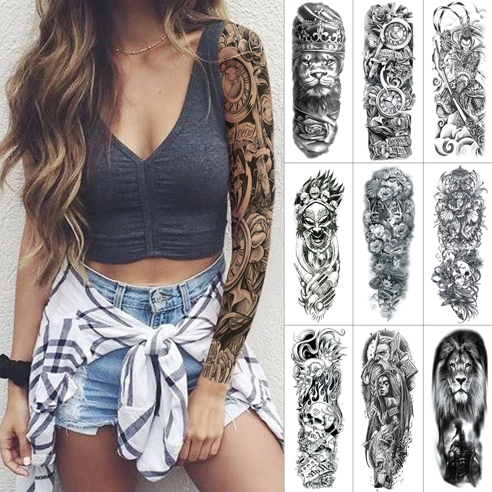 

Waterproof fake tattoo stickers for Full arm Large temporary sleeve tattoo Lion Arm tattoo skeleton clock Fashion tattoo sticker