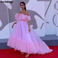 sevintage pink organza midi prom dresses off the shoulder formal evening gowns corset layered ankle length princess party dress