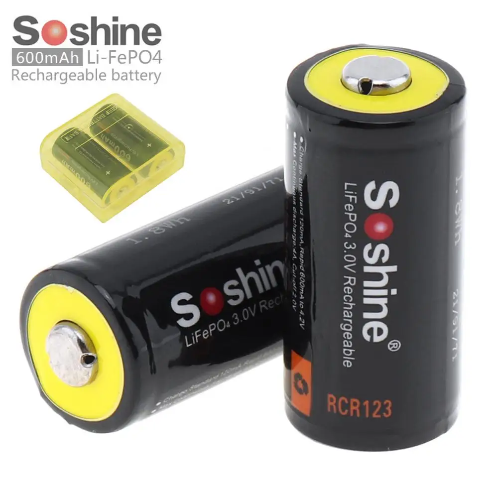 2pcs Soshine 3V 600mAh 16340 RCR123 LiFePO4 Rechargeable Battery with Protected PCB for LED Flashlights Headlamps