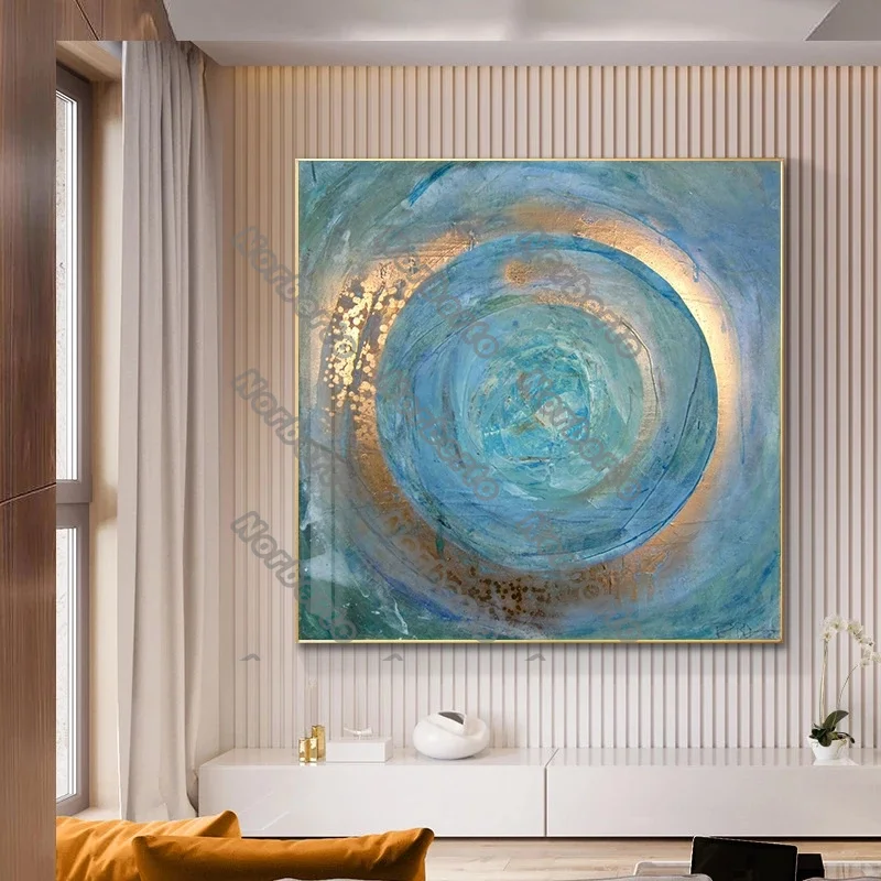 

European Style Canvas Painting Poster Abstract Geometric Circle Green Blue Silver and Golden Round for Living Room Wall Decorati