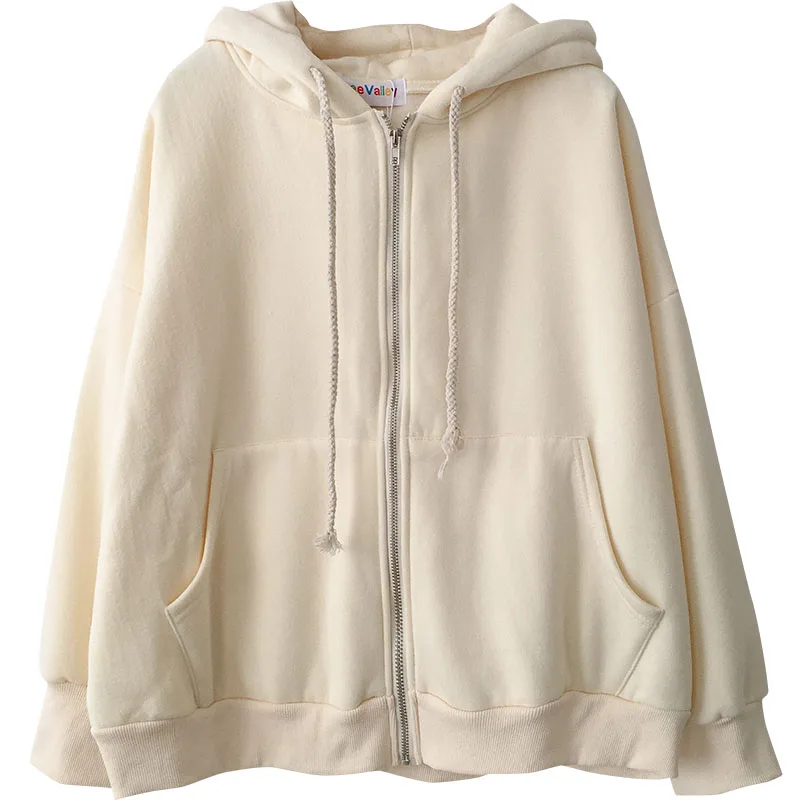 

Women's Autumn Winter Thick Sweatshirts Korean Hooded Drop Shoulder Solid Color Loose Zip-up Cotton Liner Hoodies for Student