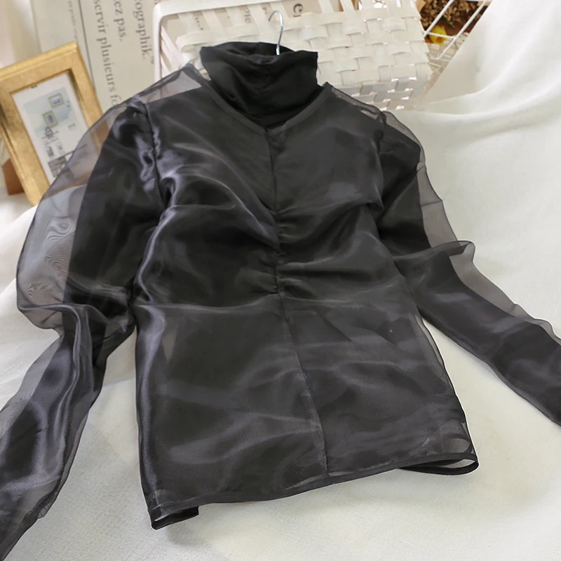 LANMREM 2020 Korean Version Of The New Winter Women's High Collar Long-sleeved Tight Puff Sleeve Perspective Shirt PC223 |