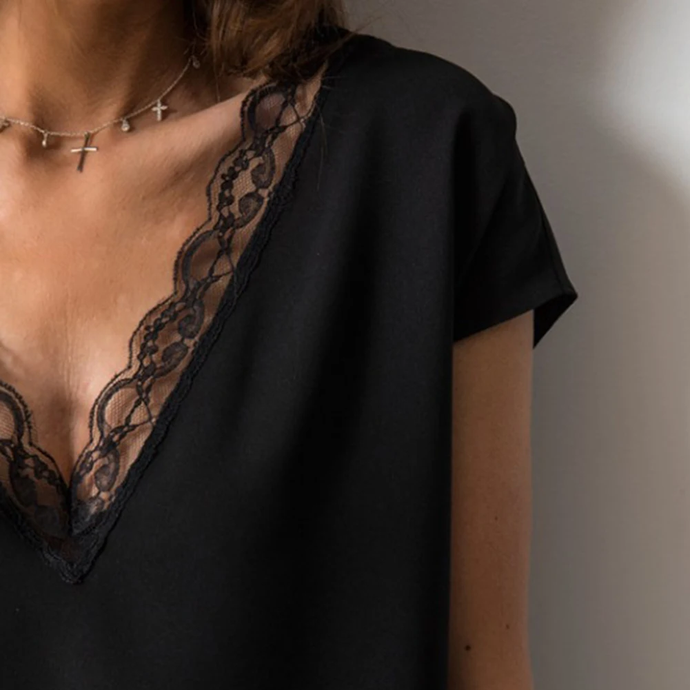 

Women T-shirt Sexy Solid Color Black Lace white Patchwork Deep V Neck Short Sleeve T Shirts Clothesing Plus size tops