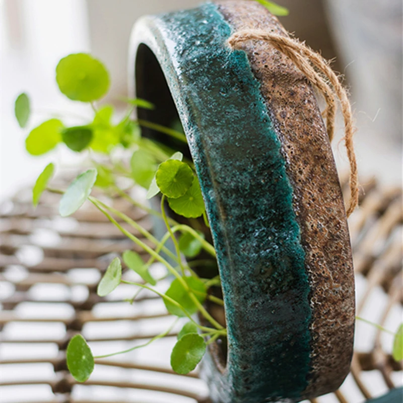 

Coarse Ceramics Wall-mounted Flower Green Hanging Basket Retro Hydroponic Vase Chinese Style Creative Decoration Gift