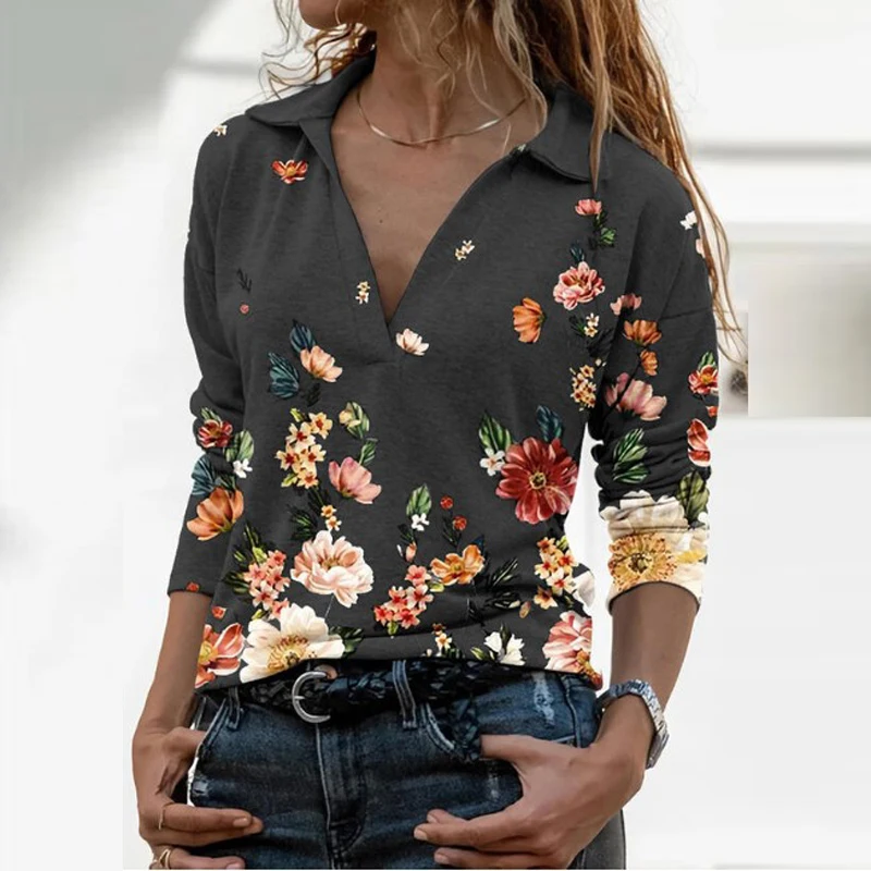 

Casual Turn-Down Collar Lady Shirt For Women Long Sleeve Autumn Tops Vintage Shirt Women Print Pullover Loose Woman Tshirts