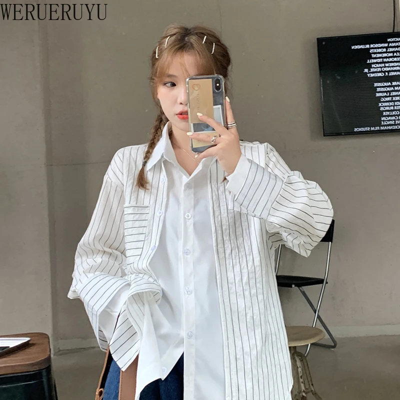 

Женская блузка с длинным рукавом WERUERUYU, Весенняя рубашка в полоску с имитацией двух частей, трендовые маленькие свежие топы, блузка для женщ...