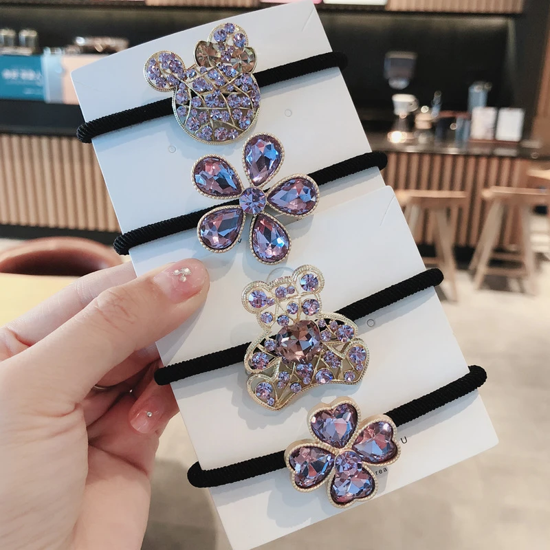 

New Rhinestone Mickey Hair Tie Korean Dongdaemun Violet Full Diamond Women Girl Bear Flower Side Elastic Hair Bands Accessories