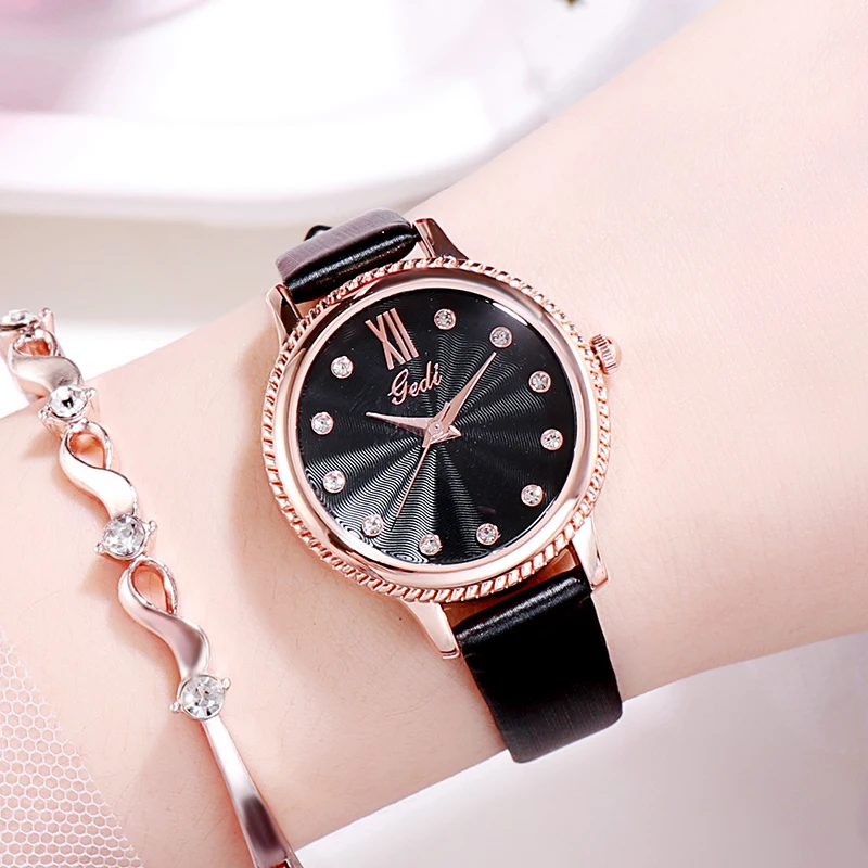 

Женские кварцевые наручные часы, женские часы, роскошные брендовые блестящие стразы, модные часы с кожаным ремешком для женщин, круглые час...