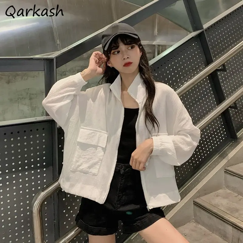 

Basic Jackets Women Outerwear Chic White Chaquetas Para Mujer Summer Sun-proof College Clothes Korean Style Solid Casual Pockets