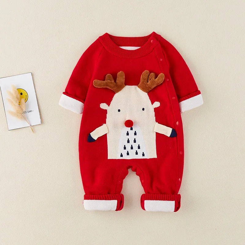 

Комбинезоны с рождественским оленем для маленьких мальчиков и девочек, комбинезоны, осенне-зимняя одежда, вязаные комбинезоны с длинным ру...