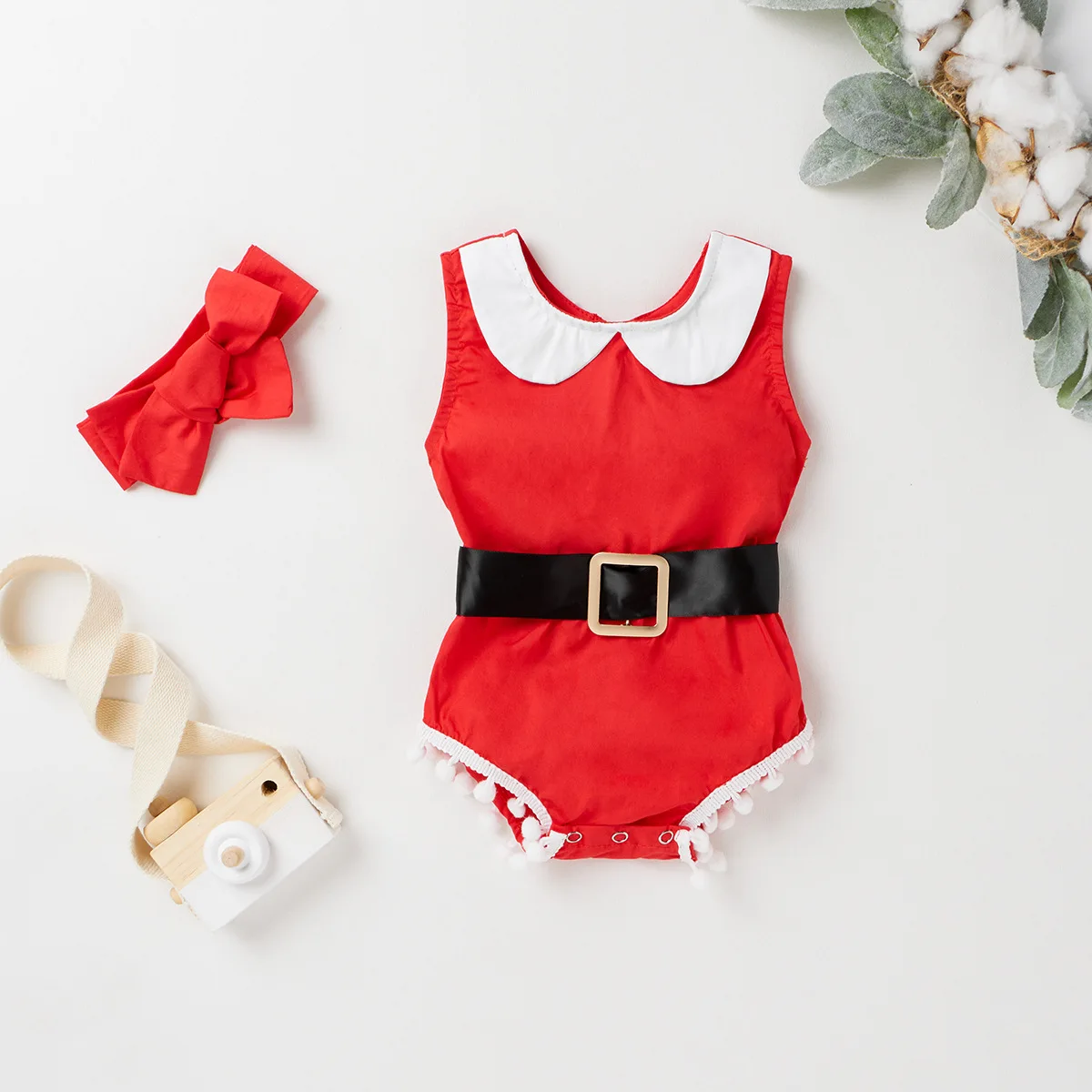 

2021 Baby Girls Christmas Clothes Kids Toddler Red Bow Headwear+ Belt Bodysuit Sets Cotton Sleeveless Princess jumpsuit Rompers