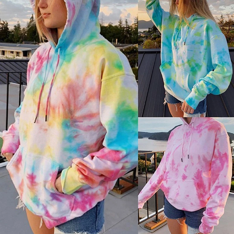 

2021 Women Hoodie Drawstring Autumn Winter Ladies Baggy Hooded Jumper Pull Femme Tie Colorful Dyeing Fashion And Leisure Coat