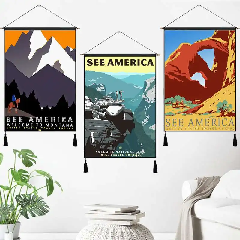 Винтажная подвесная Вешалка из хлопчатобумажной ткани для путешествий постер с