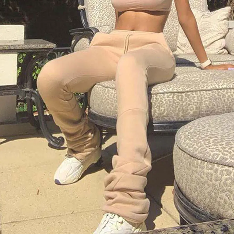 

2020 Autumn Winter Stacked Sweatpants Women Stacked Pants Joggers Ladies Warm Thick Wide Leg Flare Pants Trousers Women