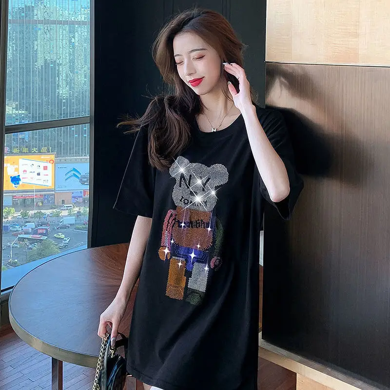 

Summer Women's New Style Short-sleeved Korean Loose Cotton T-shirt Tops Women's Hot Drilling Harajuku Women Diamonds Tshirts
