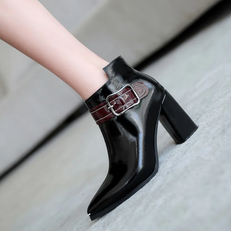 

MLJUESE 2021 women soft ankle boots Patent Leather zippers boots winter short plush pointed toe high heels women boots