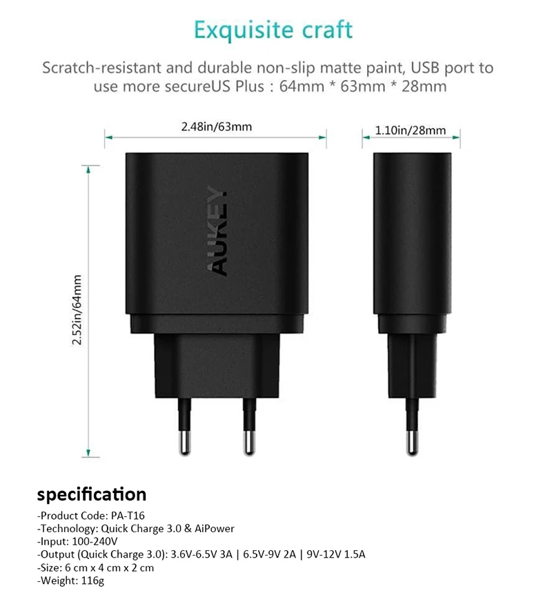 AUKEY PA-T16 MAX 36 Вт PD адаптер для быстрой зарядки с 2 портами выход Type C Быстрая зарядка