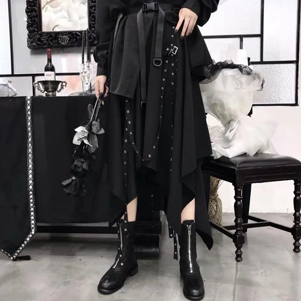 

Женская длинная юбка в готическом стиле, Повседневная Асимметричная Однотонная юбка с поясом в темном уличном стиле, Новинка осени 2021
