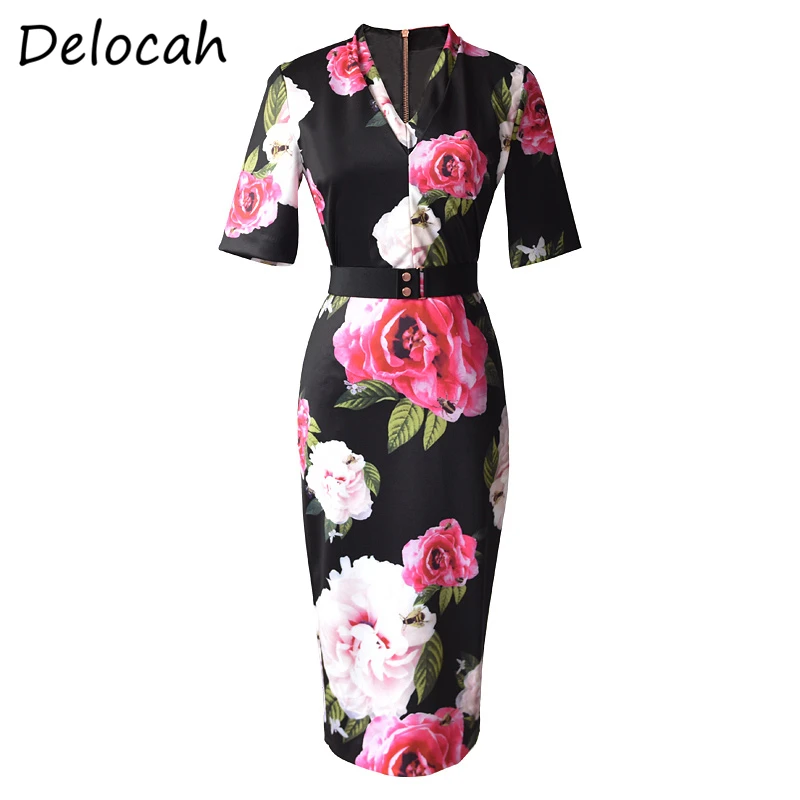 Delocah весенне летнее модное женское платье Ruwan короткий рукав простой пояс пион