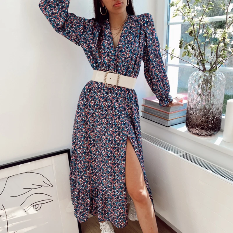 

Fashion Spring Prairie Chic V Neck Dresses Women Elegant Printed Side Split Dress Women Long Sleeve Mid Calf Dresses Ladies