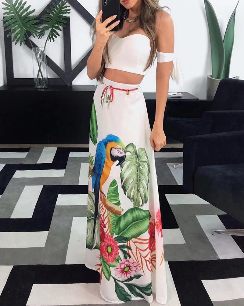 

Women Fashion Skirt Suit Sexy Solid Strapless Crop Top High Waist Printing Floor-length Skirts 2pcs Set For Summer