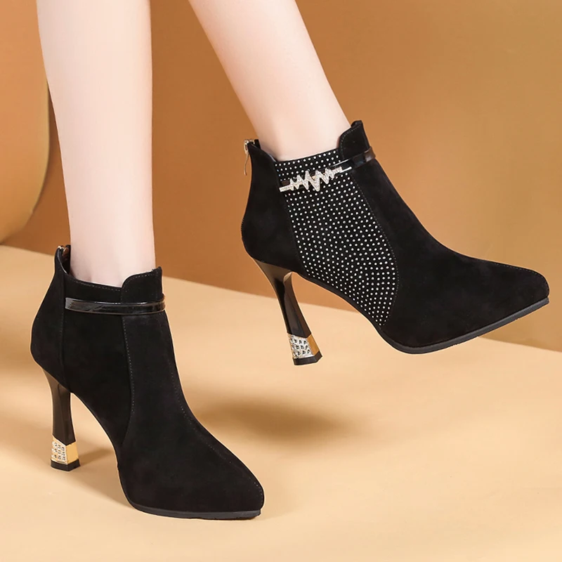 

Rimocy Fashion Crystal Thin High Heels Ankle Boots Women Autumn Flock Pointed Toe Boots Woman Warm Zipper Short Plush Booties