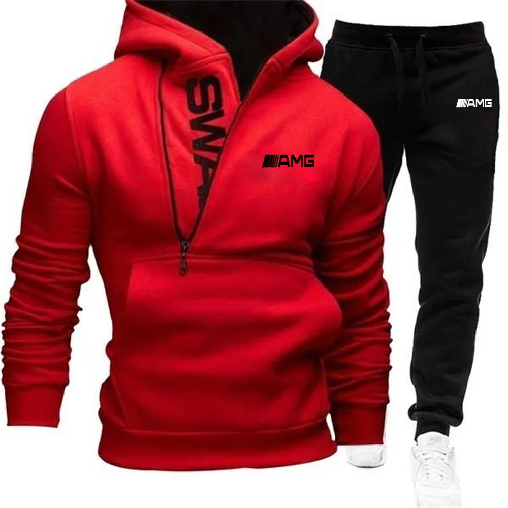 

Benz AMG Car LOGO Zipper Suit Stitching Hoodie Men Cardigan Autumn Winter Hoodie Plus Cashmere Sportswear+Sports Casual Pants