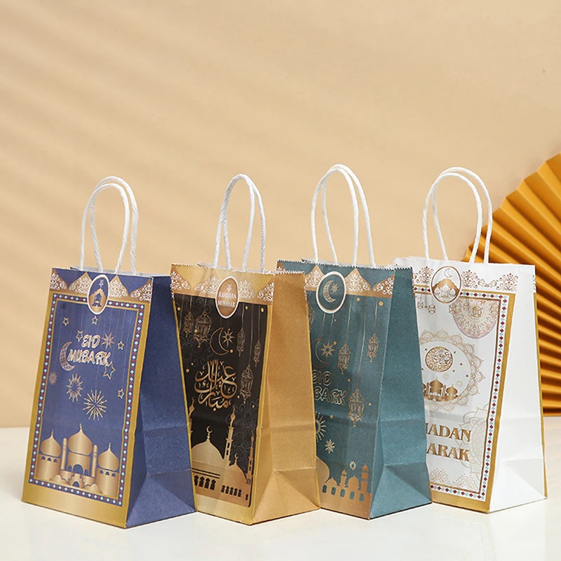 

1pc Gift Bag Ramadan Kraft Paper Bag Muslim Eid Mubarak Golden Tote Bags Commemorative Gift Packaging