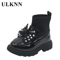 ulknn childrens bow pearl princess shoes girls fashion boots british style kids leather shoes baby todder knitted boots new