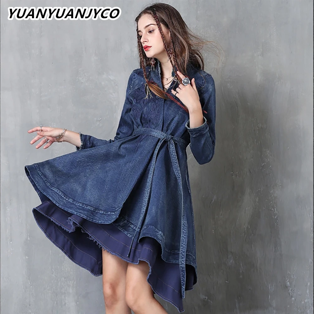 

YUANYUANJYCO Spring Autumn Women Knee-Length Indie Folk Denim Dress LYQ7 Asymmetrical High Waist Embroidery Floral Belt Clothes