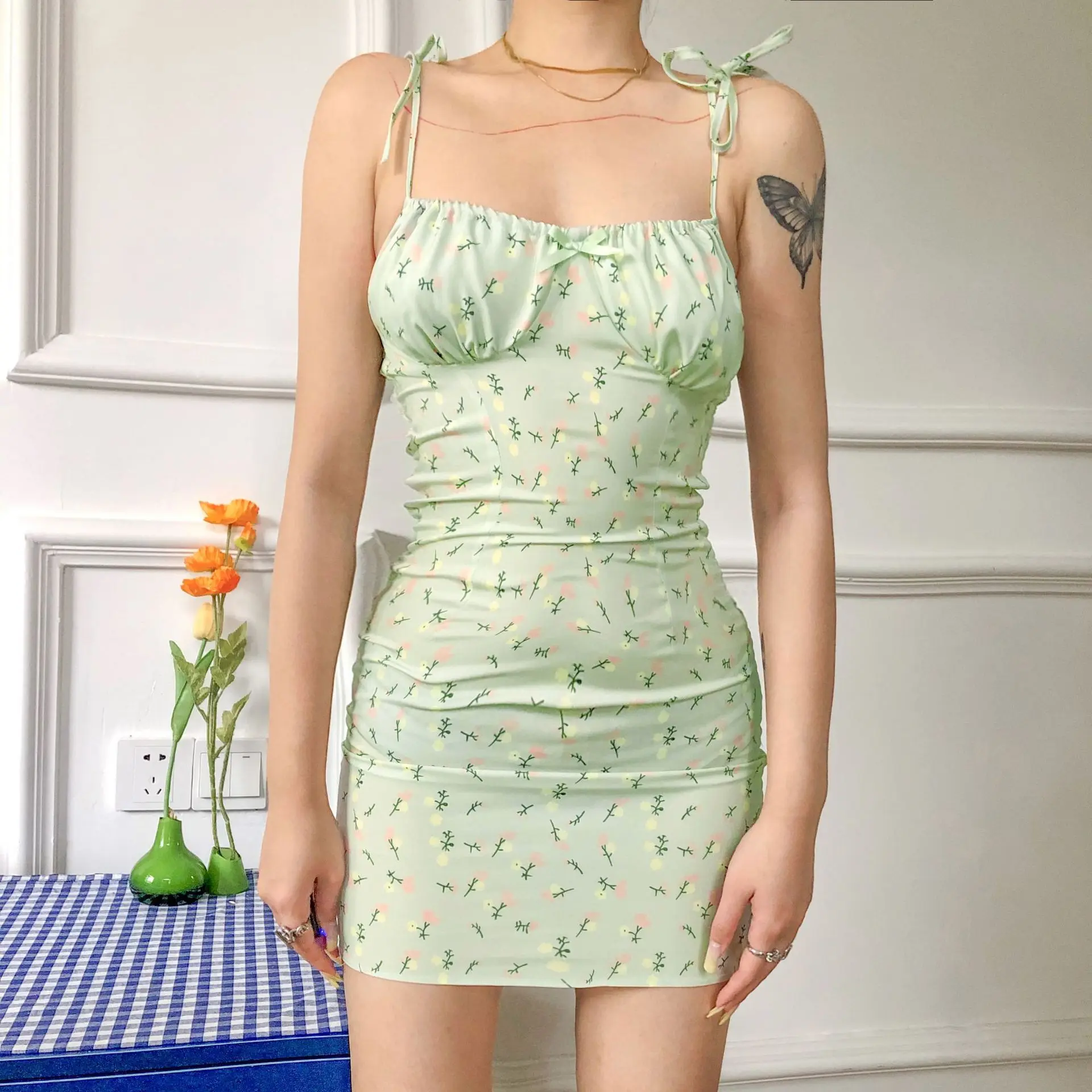 

Missnight Sweet Cottagecore Summer Green Dress Bandage Chest Wrapping Ruched Slim Bodycon Dresses Women Party Club Streetwear