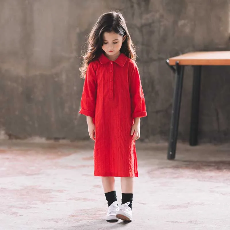 Платье для девочек 2019 г. повседневные платья-рубашки с длинными рукавами и