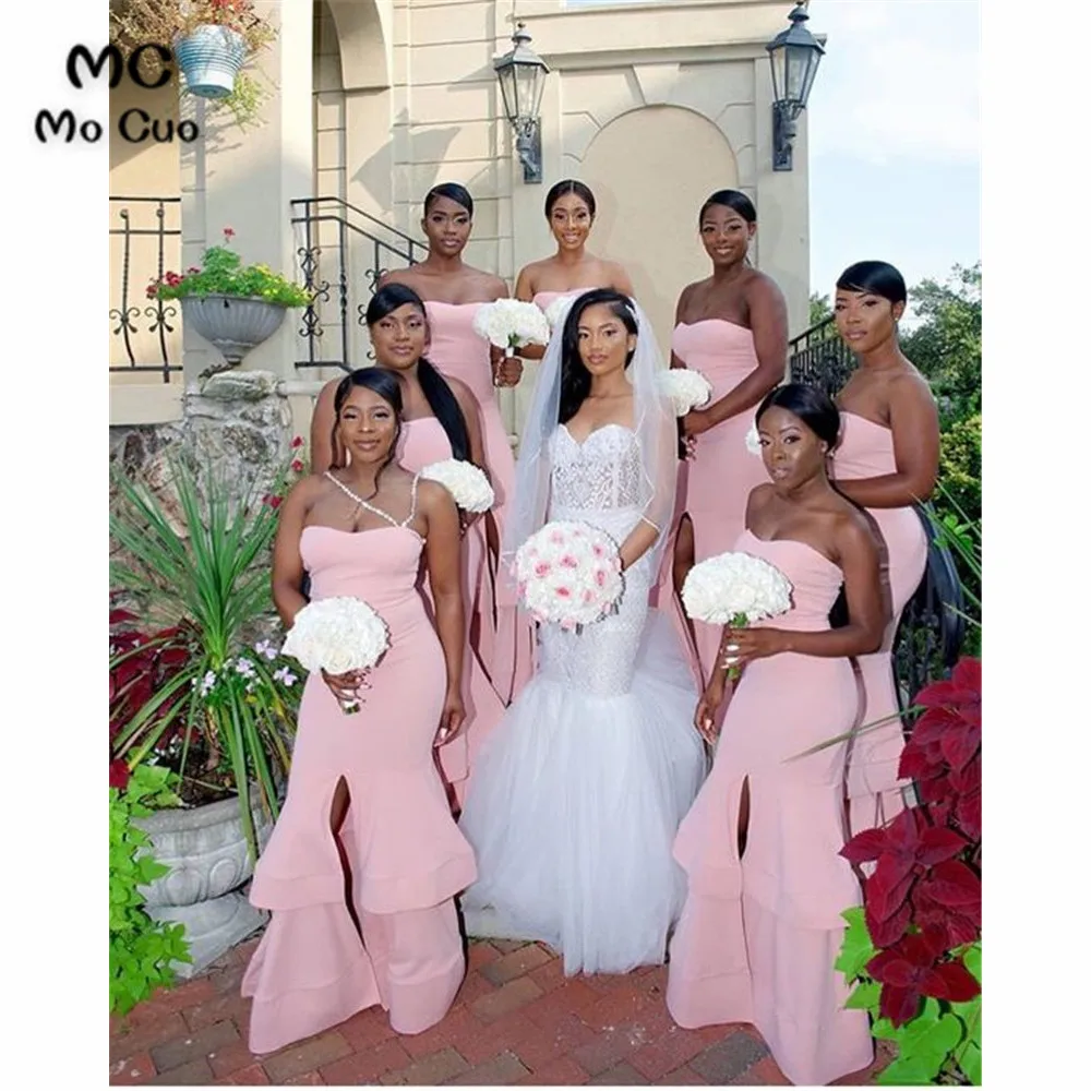 

Simple Blush Pink Mermaid Bridesmaid Dresses Long Wedding Party Gown Ruffles Elastic Satin Evening Gown Bridesmaid Dress