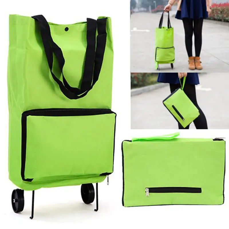 

Green Protable Shopping Trolley Tote Bag Foldable Cart Rolling Grocery Wheels Kitchen Food Holder