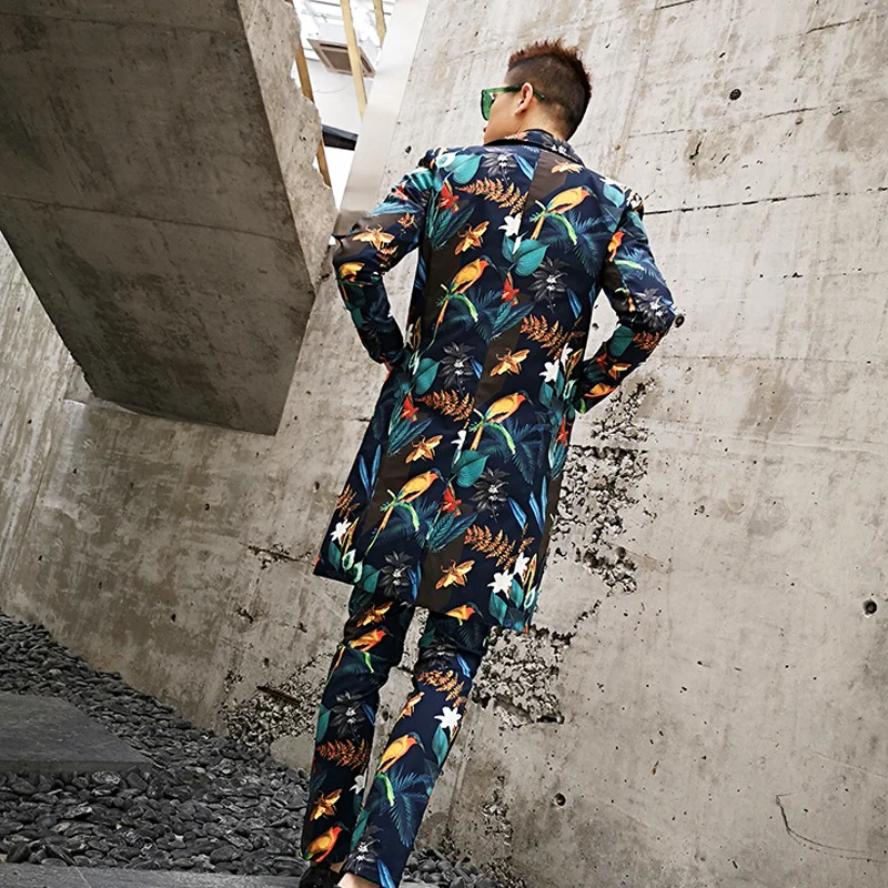 

2pcs Male (jacket+pant) Long Slim Fit Blazer Men Fashion Casual Flower Suits Sets Nightclub Stage Show Singer Dj Costume Jacket