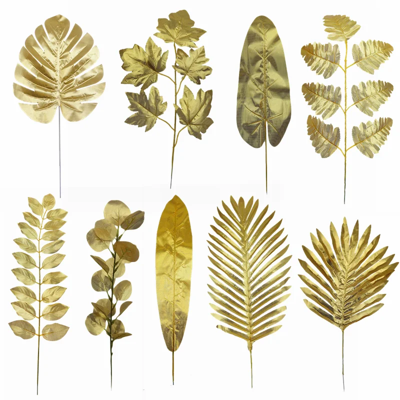 

5Pcs Gold Artificial Leaves Turtle Monstera Palm Maple Tree Leaves Home Garden Decoration Wedding Festival DIY Fake Plants Decor