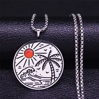sunny beach coconut tree opal stainless steel necklace silver color round necklace chain vacation jewelry bijoux femme nxs04