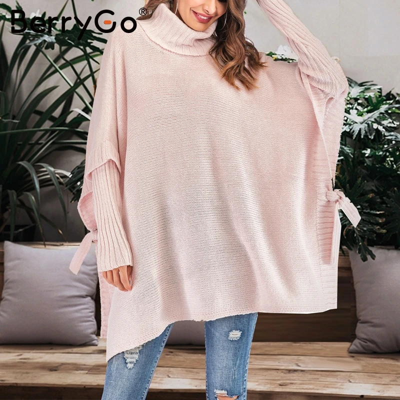 BerryGo Turtleneck autumn winter sweater women Long sleeve solid ladies poncho Casual bat female pullover | Женская одежда