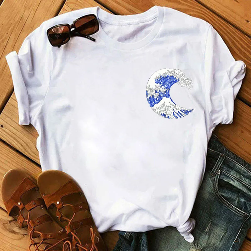 

Women Tshirt Harajuku Ulzzang Tee Shirt Aesthetic Clothes Women Short Sleeve Tee Art Top Vintage Japanese Style Wave Tshirt