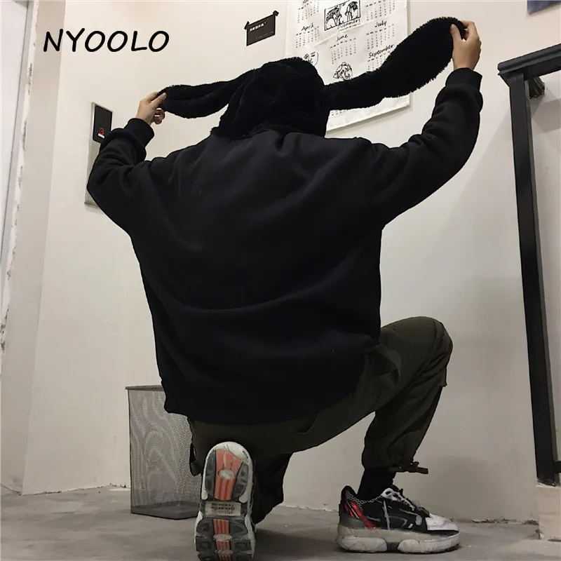 NYOOLO Harajuku стиль Свободные толстовки с заячьими ушками осень зима плюс бархат длинный рукав с капюшоном Пуловеры Толстовка для женщин и мужчин топы